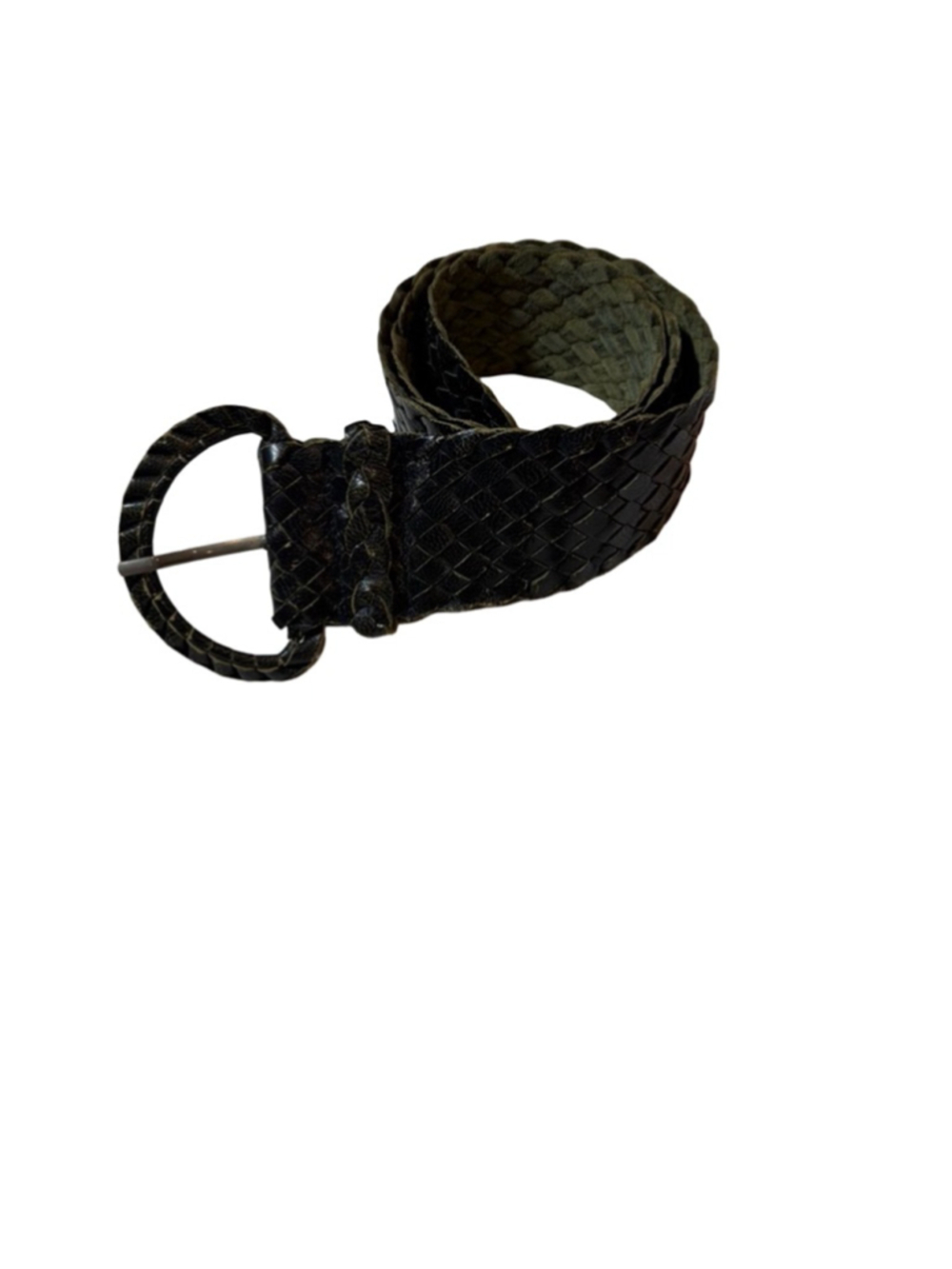 Vintage Intrecciato Style Woven Leather Wide Belt Black Green Size 28
